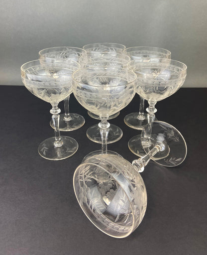 Vintage Cut Crystal Champagne Glasses.   Set of 9 Vintage Glasses with Daisy Motif.  Fine Stemware. - Tampa Home & Garden Store