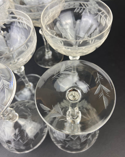 Vintage Cut Crystal Champagne Glasses.   Set of 9 Vintage Glasses with Daisy Motif.  Fine Stemware. - Tampa Home & Garden Store