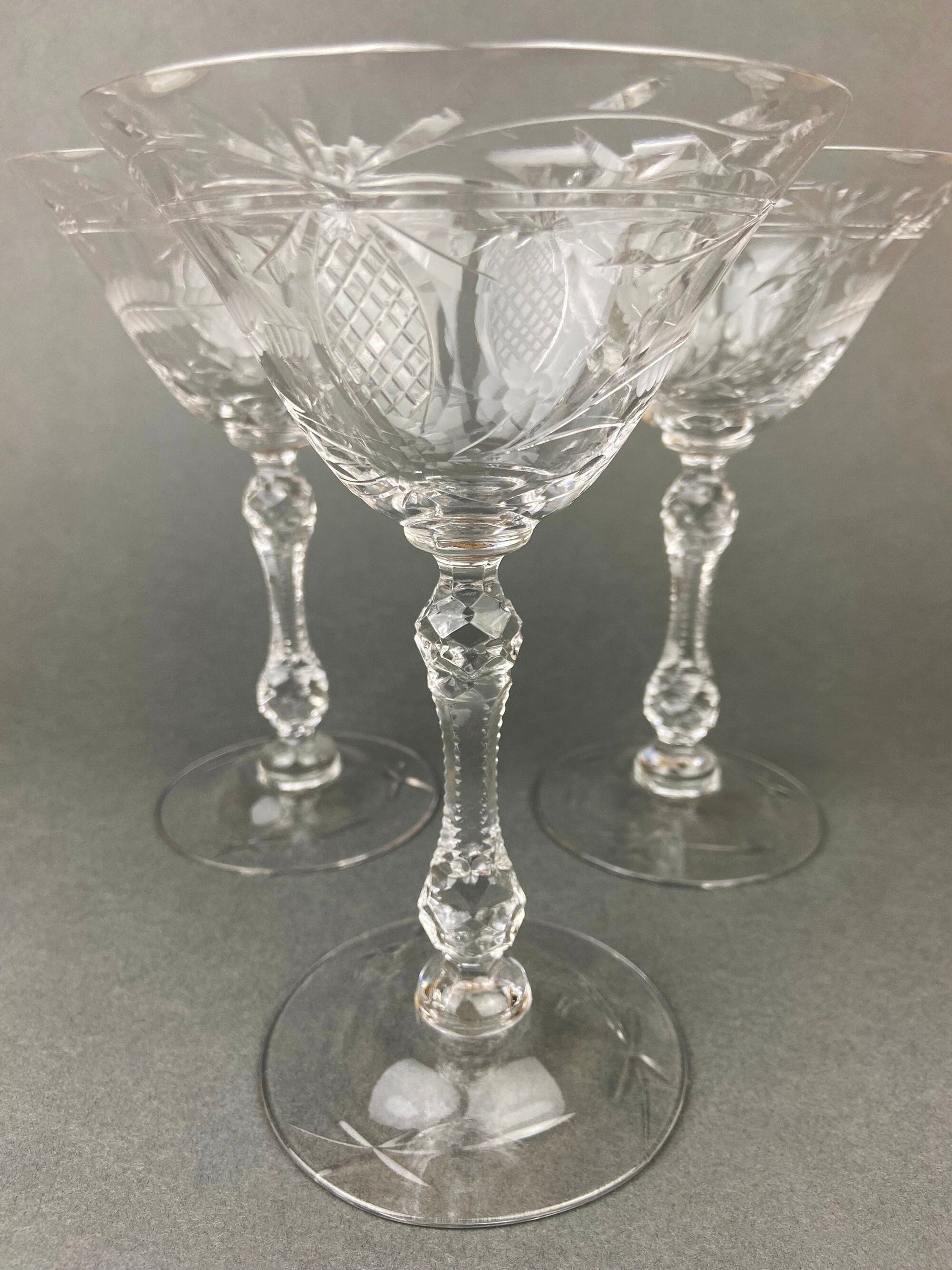Vintage Cut Crystal Champagne Glasses.   Set of 9 Vintage Glasses with Daisy Motif.  Fine Stemware. - Tampa Home & Garden Store