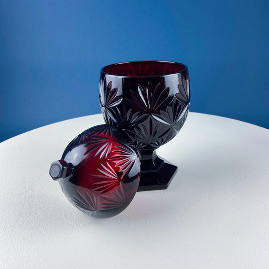 Vintage Deep Red Egg Shaped Pedestal Candy Dish. Luminarc Lidded Compote. Pressed Glass. Star Daisy Motif. Dining Room Decor. Collectible. - Tampa Home & Garden Store