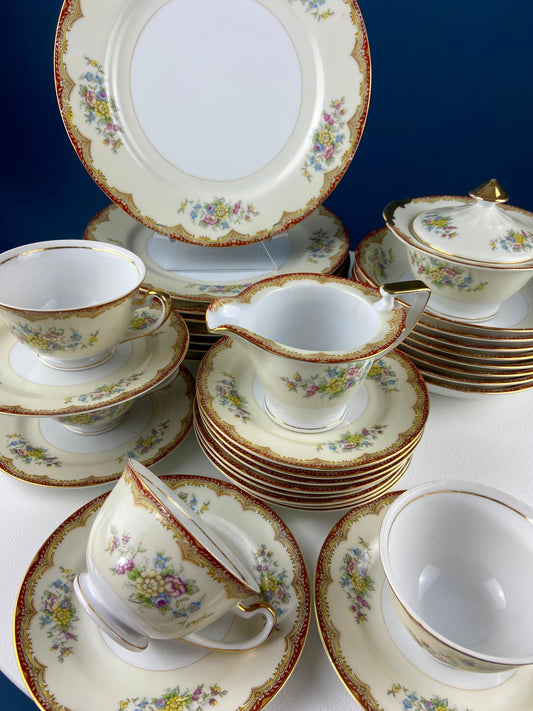 Vintage Dinner Set with Yellow Red Bands Rose Garlands. Kikusui China: 8 Dinner & Salad Plates, 6 Soup Plates, 4 Cups Saucers, Creamer/Sugar - Tampa Home & Garden Store