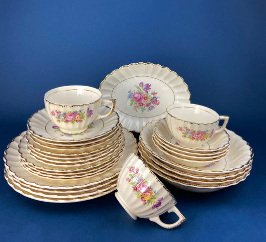 Vintage Dish Set. Leigh Wake by Leigh Potters. Set of 4 Placements: Dinner, Salad Plates, Soup, Salad Bowls, One Serving Dish & Teacups. - Tampa Home & Garden Store