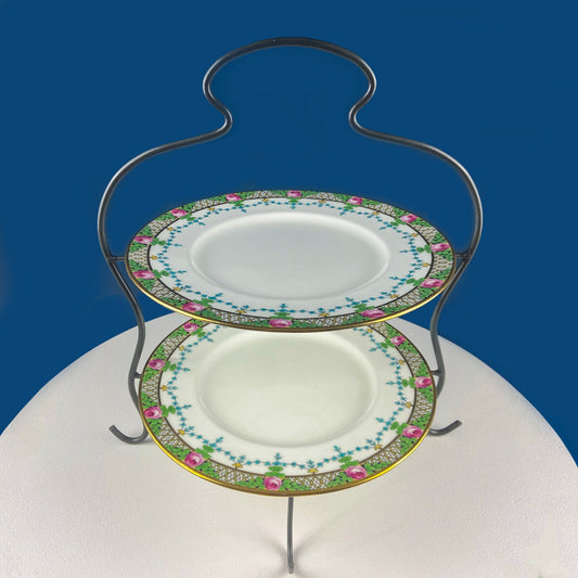 Vintage Display Stand for Sweets, Baked Goods, Cup Cakes, Fruit. Two Tiered Metal Wire Rack with Vintage Plates. Dining Room Decor. - Tampa Home & Garden Store