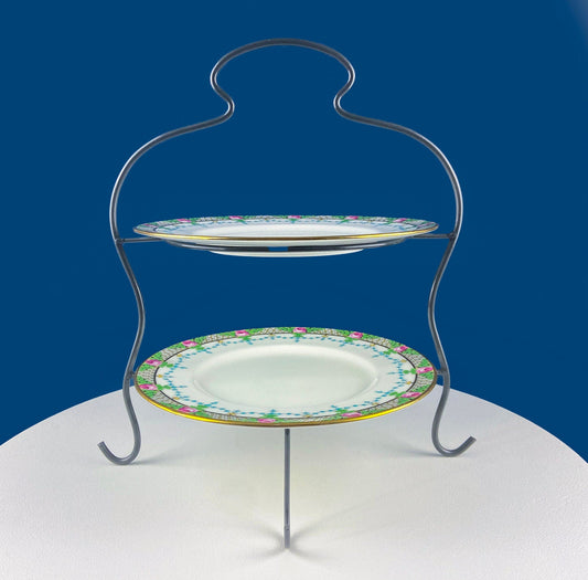 Vintage Display Stand for Sweets, Baked Goods, Cup Cakes, Fruit. Two Tiered Metal Wire Rack with Vintage Plates. Dining Room Decor. - Tampa Home & Garden Store