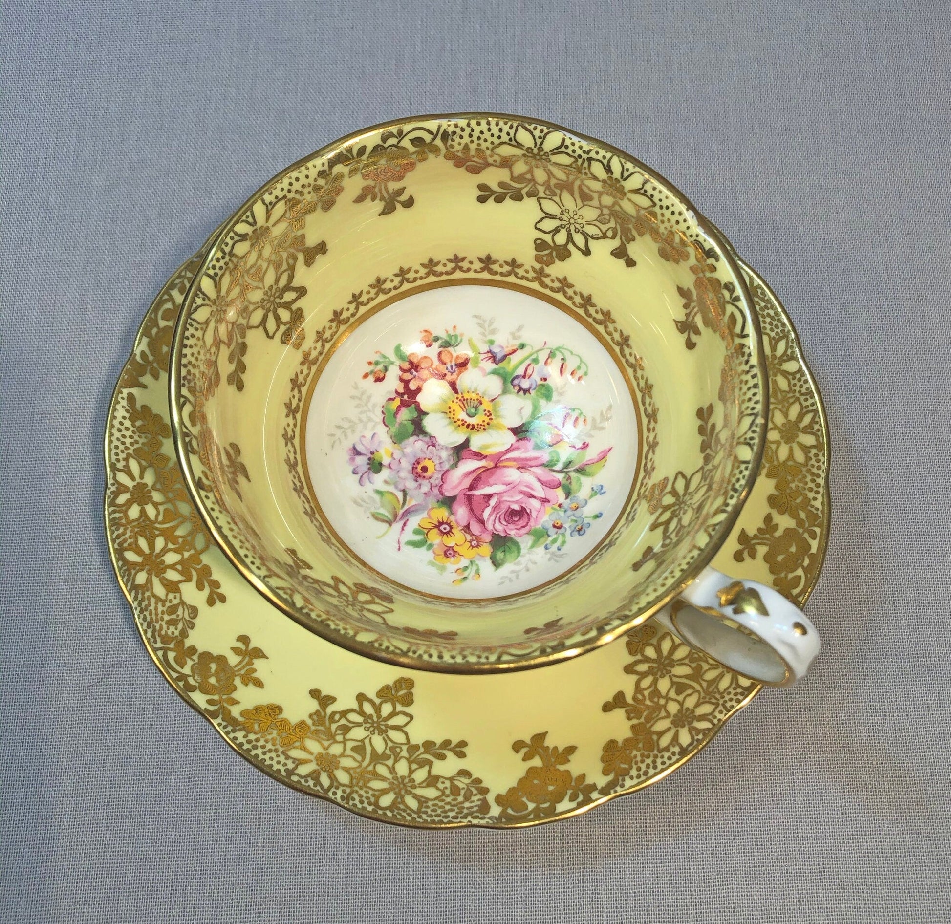 Vintage English Tea Cup by Grosvenor. Yellow Pink Gold Tea Party Set Made in England. - Tampa Home & Garden Store