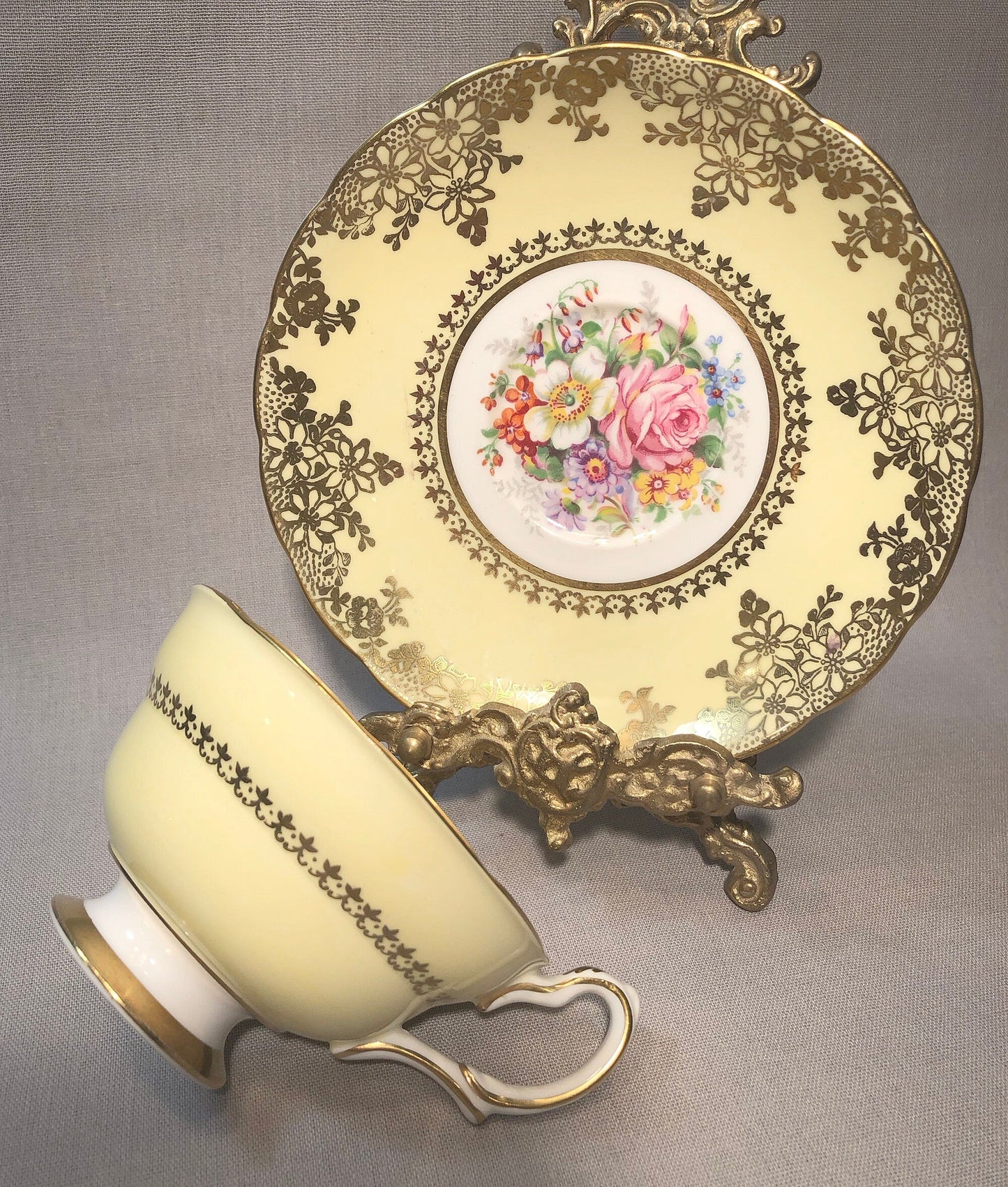 Vintage English Tea Cup by Grosvenor. Yellow Pink Gold Tea Party Set Made in England. - Tampa Home & Garden Store