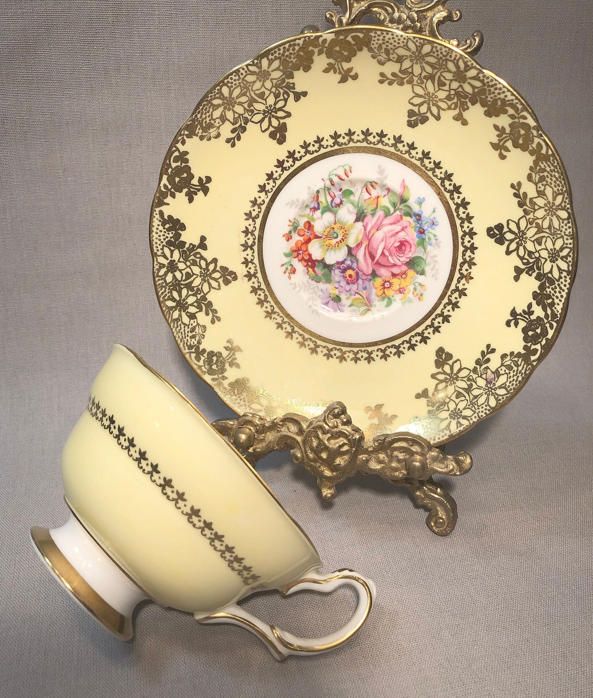Vintage English Tea Cup by Grosvenor. Yellow Pink Gold Tea Party Set Made in England. - Tampa Home & Garden Store