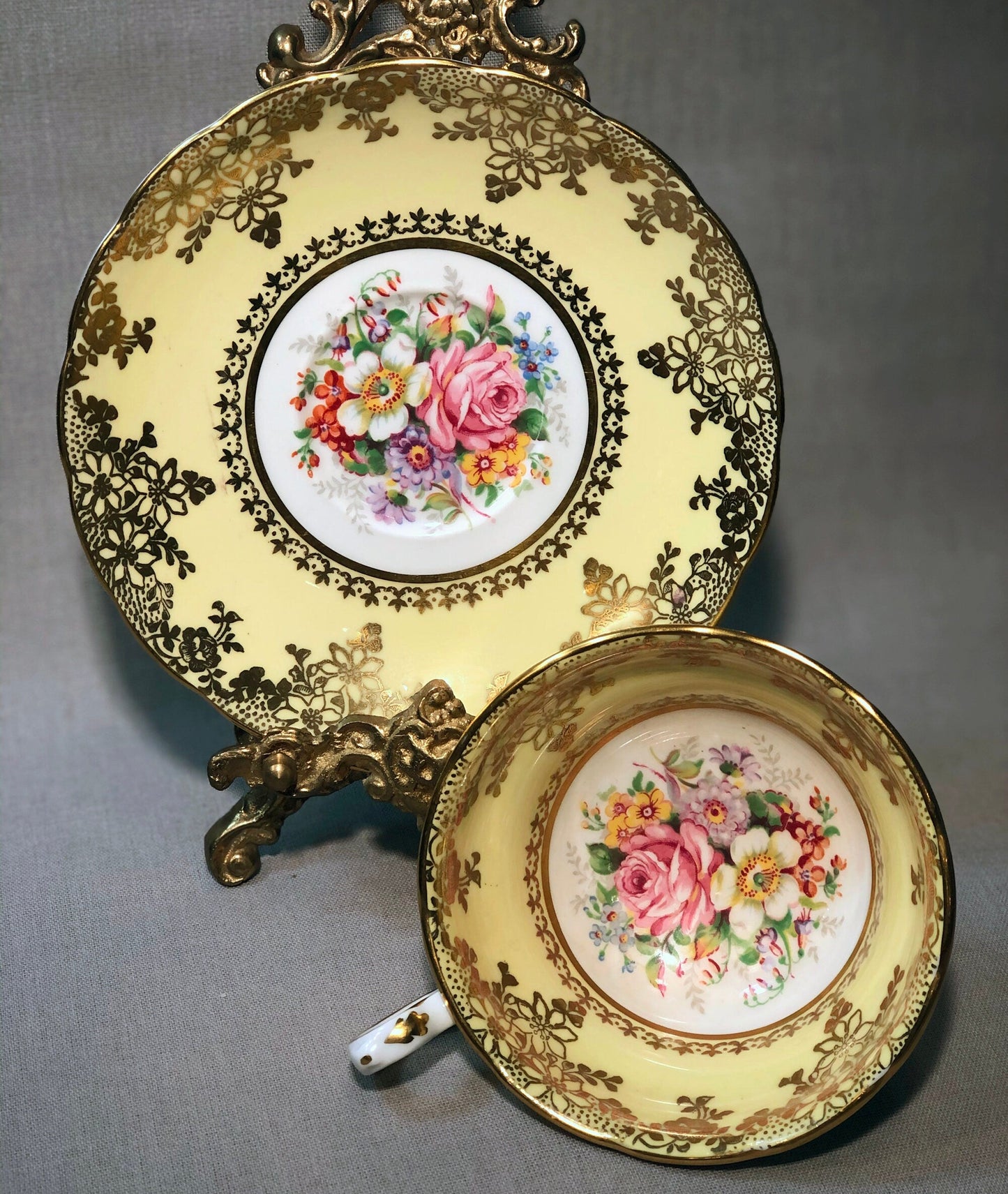 Vintage English Tea Cup by Grosvenor. Yellow Pink Gold Tea Party Set Made in England. - Tampa Home & Garden Store