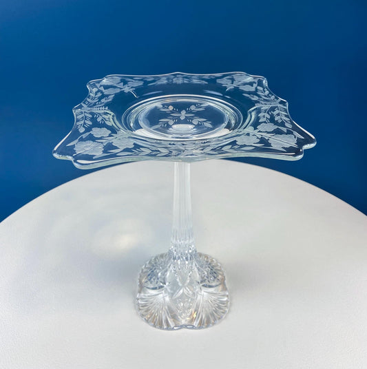 Vintage Etched Glass Compote. Floral & Geometric Design. Crystal Footed Serving Dish for Candy, Cupcakes, Nuts, or Fruit. Dining Room Decor. - Tampa Home & Garden Store