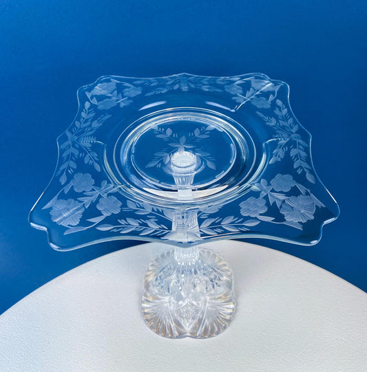 Vintage Etched Glass Compote. Floral & Geometric Design. Crystal Footed Serving Dish for Candy, Cupcakes, Nuts, or Fruit. Dining Room Decor. - Tampa Home & Garden Store