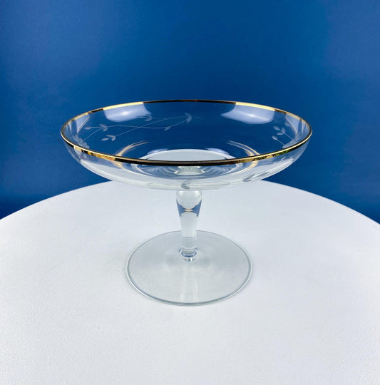 Vintage Etched Glass Compote with Gold Rim. Delicate Leaf Design. Footed Serving Dish for Candy, Cupcakes, Nuts, or Fruit. Dining Room Decor - Tampa Home & Garden Store