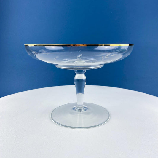 Vintage Etched Glass Compote with Gold Rim. Delicate Leaf Design. Footed Serving Dish for Candy, Cupcakes, Nuts, or Fruit. Dining Room Decor - Tampa Home & Garden Store