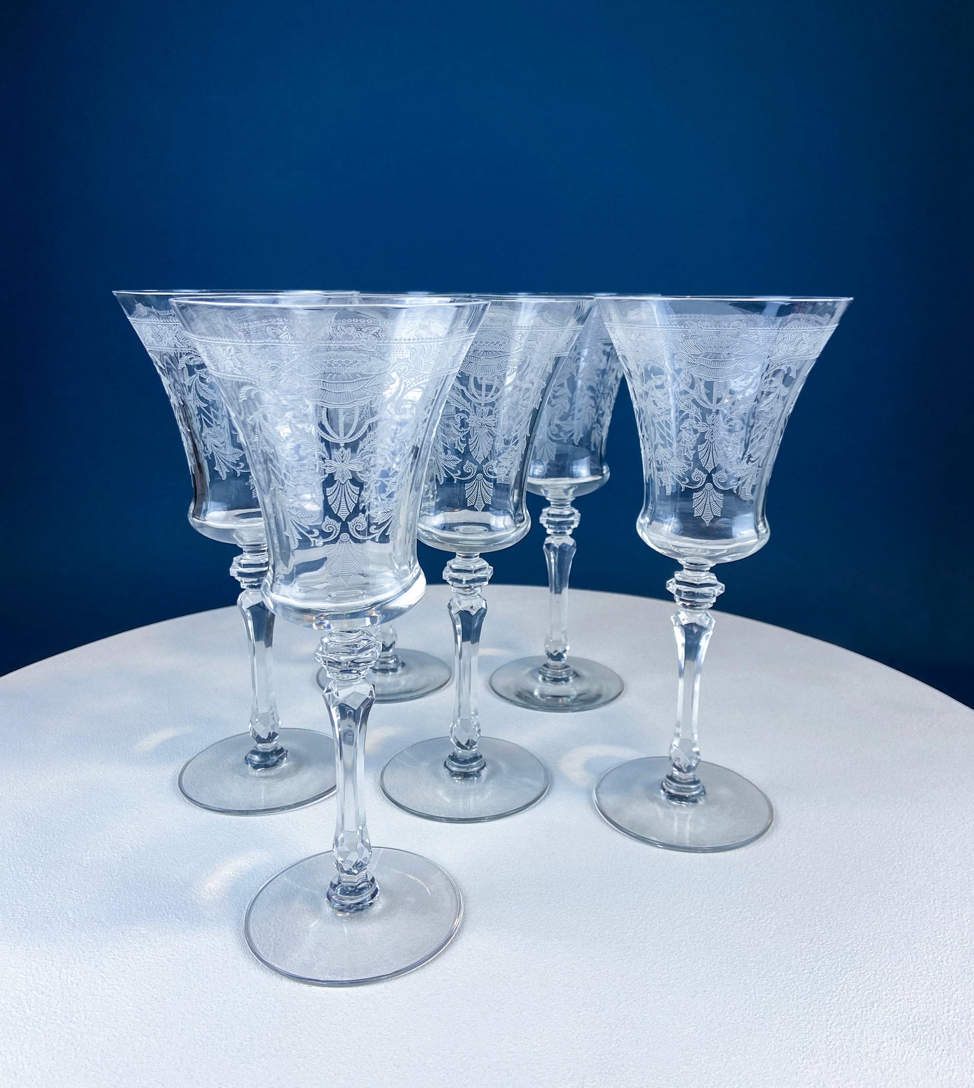 Vintage Etched Poppies Wine/Water Crystal Goblets. Mayfield by Tiffin Franciscan. Set of 7 Stunning Art Nouveau/Art Deco Stemware. - Tampa Home & Garden Store