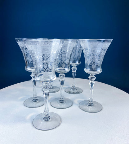 Vintage Etched Poppies Wine/Water Crystal Goblets. Mayfield by Tiffin Franciscan. Set of 7 Stunning Art Nouveau/Art Deco Stemware. - Tampa Home & Garden Store