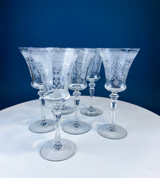 Vintage Etched Poppies Wine/Water Crystal Goblets. Mayfield by Tiffin Franciscan. Set of 7 Stunning Art Nouveau/Art Deco Stemware. - Tampa Home & Garden Store