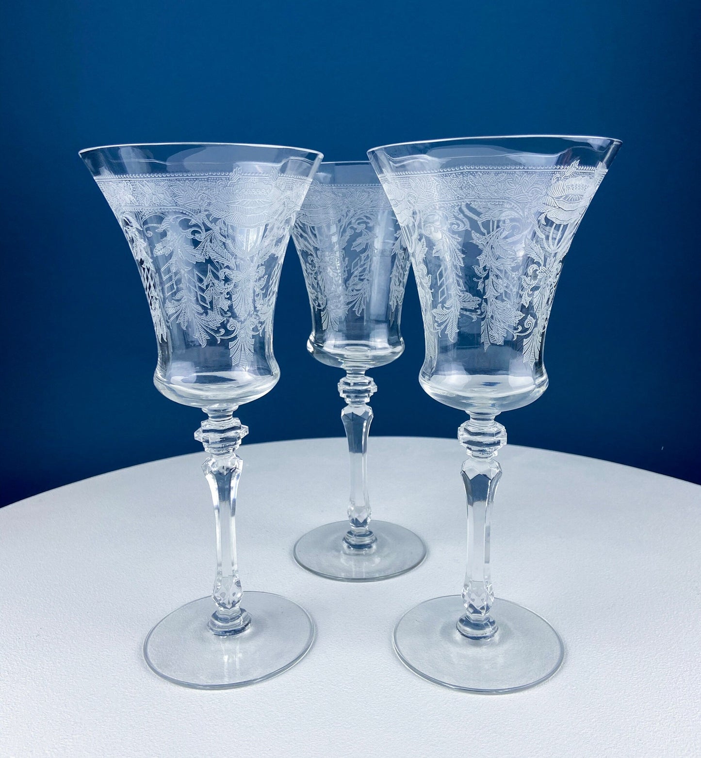Vintage Etched Poppies Wine/Water Crystal Goblets. Mayfield by Tiffin Franciscan. Set of 7 Stunning Art Nouveau/Art Deco Stemware. - Tampa Home & Garden Store