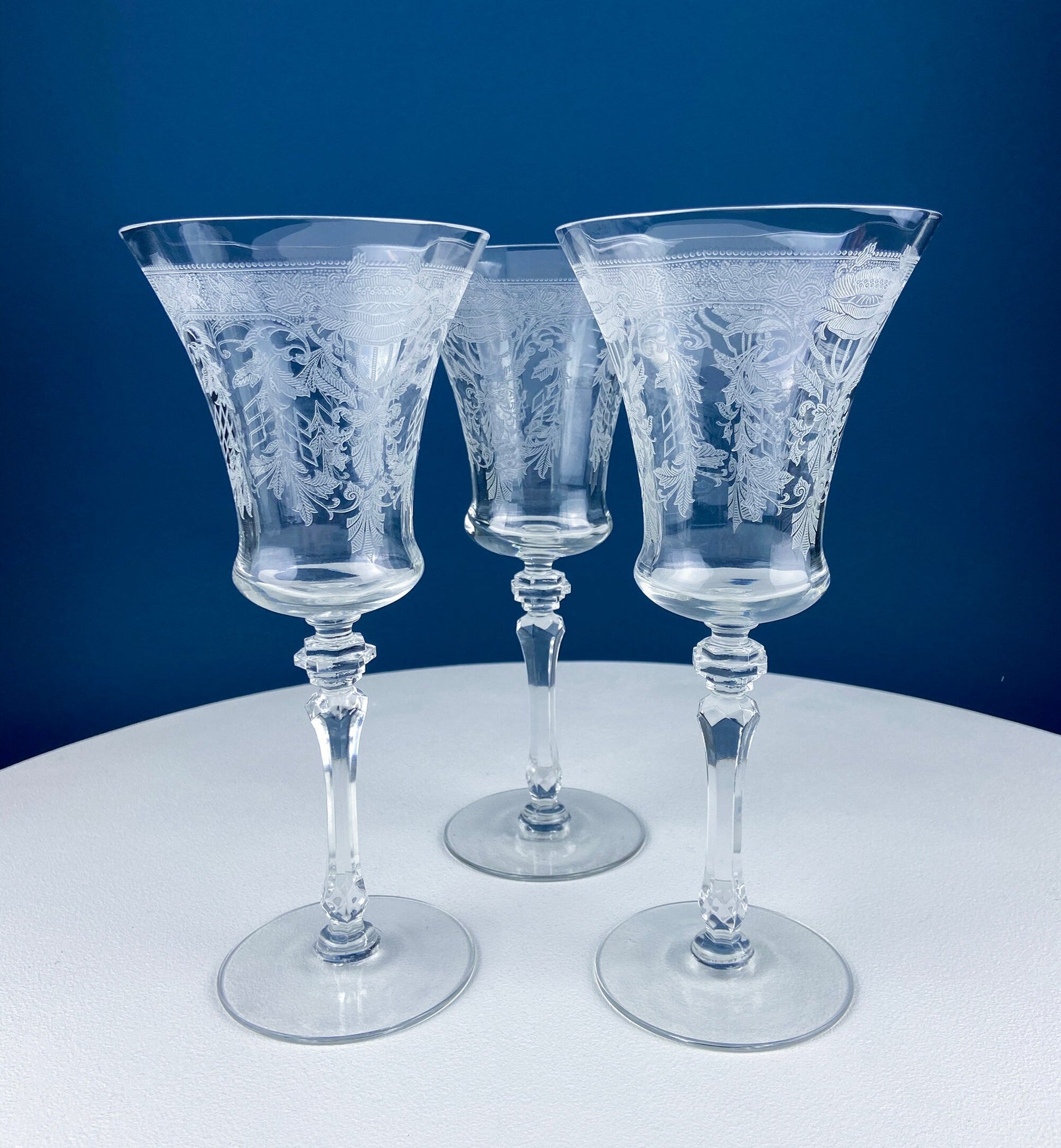 Vintage Etched Poppies Wine/Water Crystal Goblets. Mayfield by Tiffin Franciscan. Set of 7 Stunning Art Nouveau/Art Deco Stemware. - Tampa Home & Garden Store