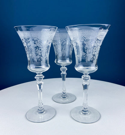 Vintage Etched Poppies Wine/Water Crystal Goblets. Mayfield by Tiffin Franciscan. Set of 7 Stunning Art Nouveau/Art Deco Stemware. - Tampa Home & Garden Store