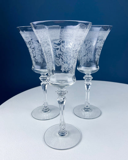 Vintage Etched Poppies Wine/Water Crystal Goblets. Mayfield by Tiffin Franciscan. Set of 7 Stunning Art Nouveau/Art Deco Stemware. - Tampa Home & Garden Store