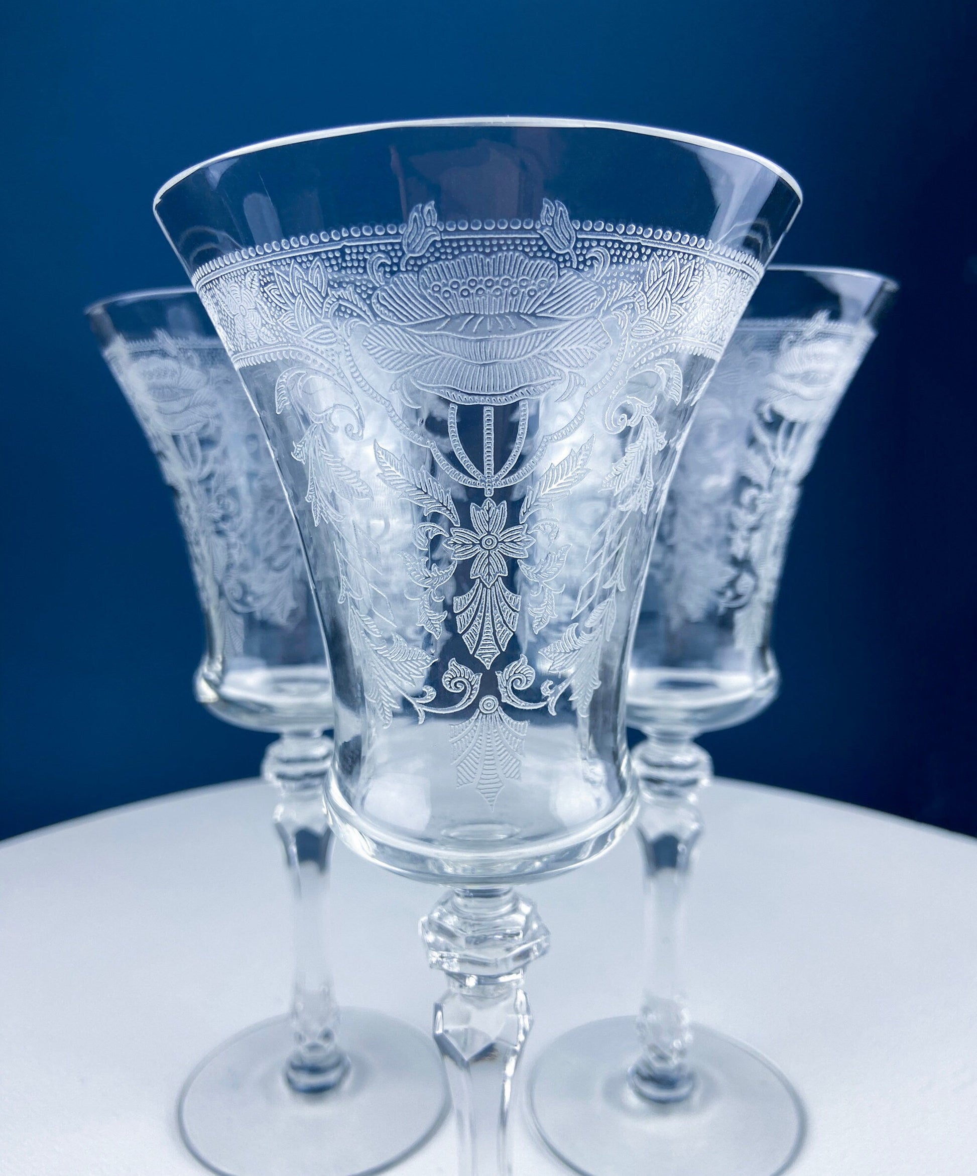 Vintage Etched Poppies Wine/Water Crystal Goblets. Mayfield by Tiffin Franciscan. Set of 7 Stunning Art Nouveau/Art Deco Stemware. - Tampa Home & Garden Store