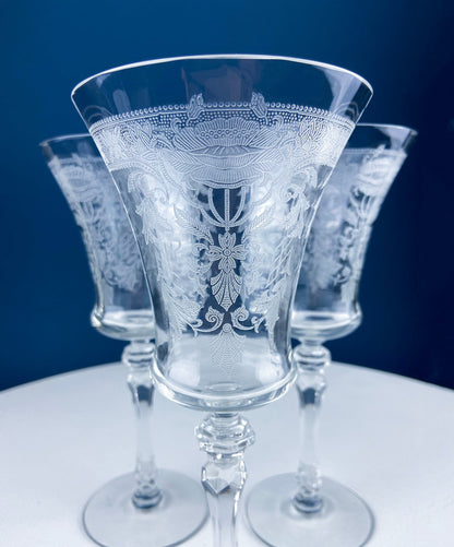 Vintage Etched Poppies Wine/Water Crystal Goblets. Mayfield by Tiffin Franciscan. Set of 7 Stunning Art Nouveau/Art Deco Stemware. - Tampa Home & Garden Store