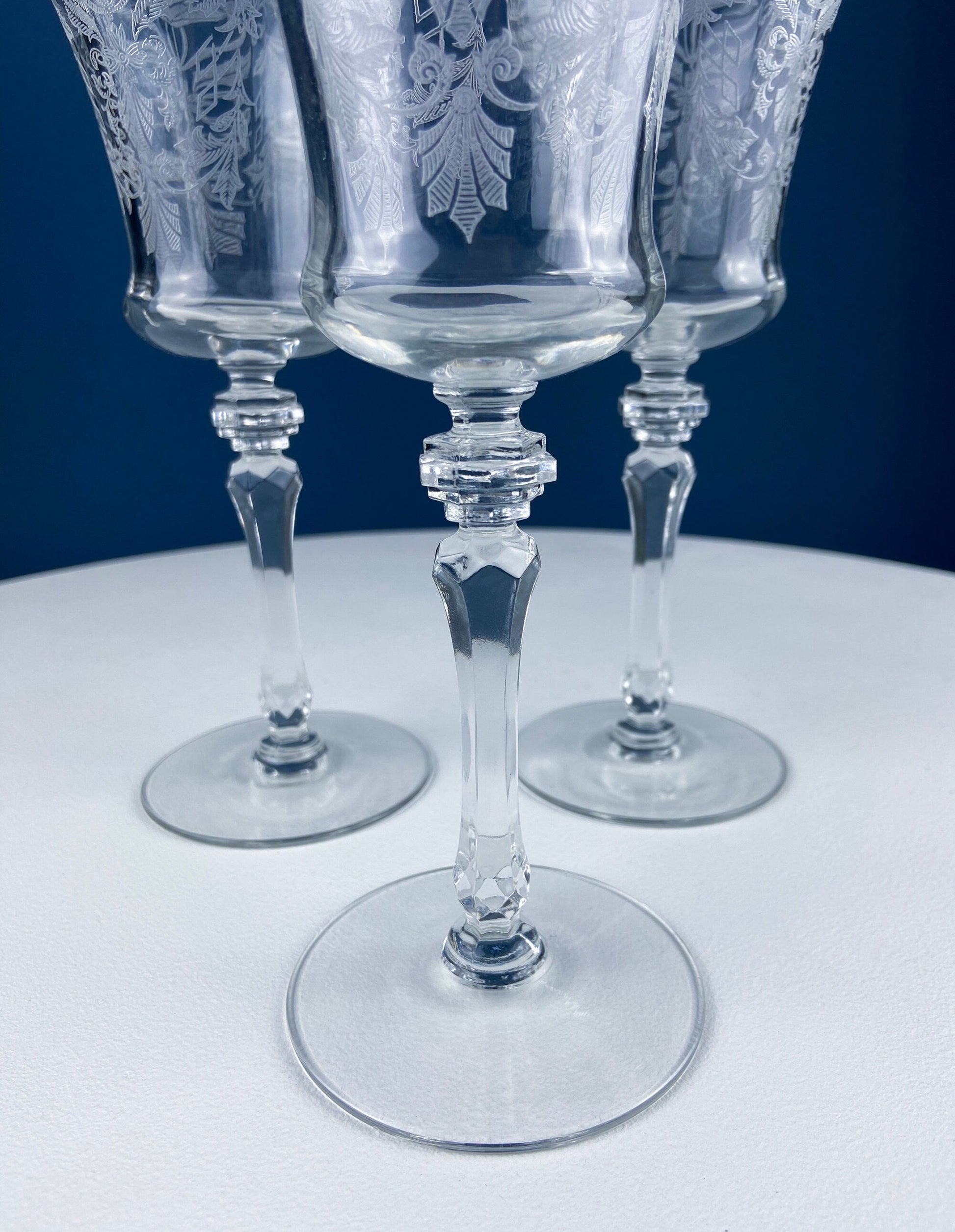 Vintage Etched Poppies Wine/Water Crystal Goblets. Mayfield by Tiffin Franciscan. Set of 7 Stunning Art Nouveau/Art Deco Stemware. - Tampa Home & Garden Store
