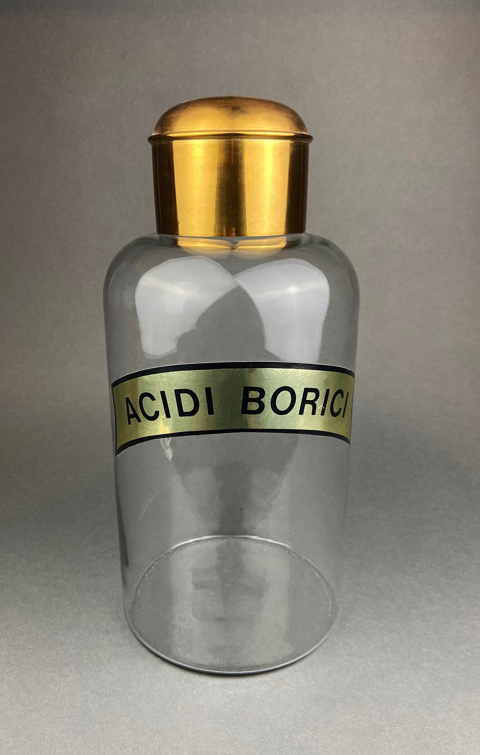 Vintage, Extra Large Apothecary Bottles. Italian, Boric Acid & Sodium Bicarbonate Jars with Brass Caps. Set of Two Apothecary Jars. - Tampa Home & Garden Store
