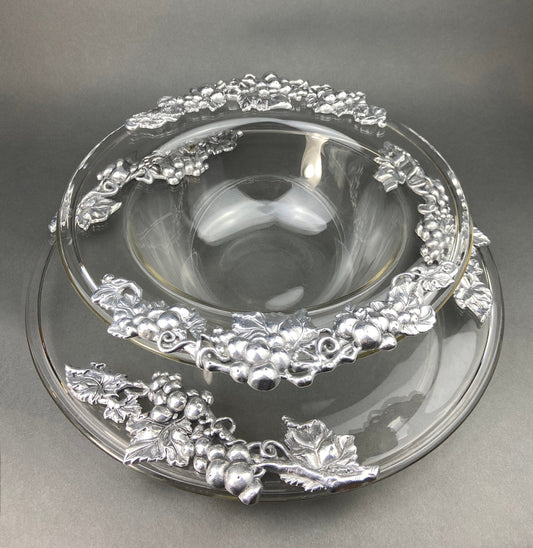 Vintage Extra Large Glass Serving Bowl and Platter with Aluminum Decor. Bowl and Platter Made in France. - Tampa Home & Garden Store