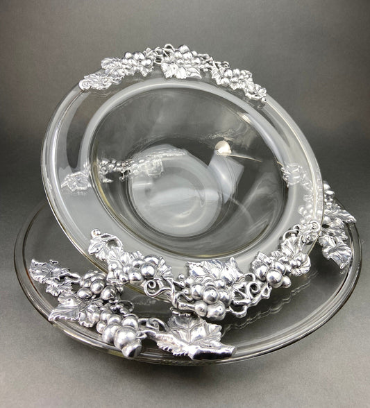 Vintage Extra Large Glass Serving Bowl and Platter with Aluminum Decor. Bowl and Platter Made in France. - Tampa Home & Garden Store