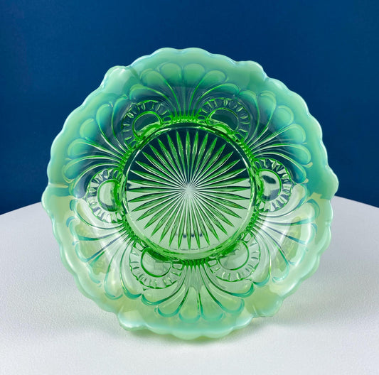 Vintage Fenton Emerald Green Depression Glass Fruit Candy Serving Bowl with Art Deco Motifs. Opaque Scalloped Edge. Dining Room Table Decor. - Tampa Home & Garden Store
