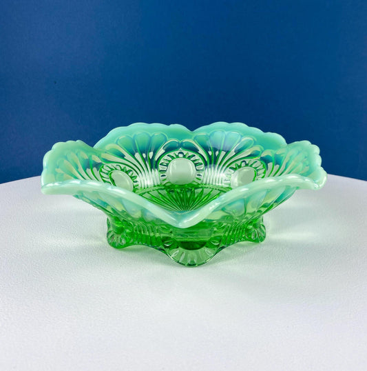 Vintage Fenton Emerald Green Depression Glass Fruit Candy Serving Bowl with Art Deco Motifs. Opaque Scalloped Edge. Dining Room Table Decor. - Tampa Home & Garden Store