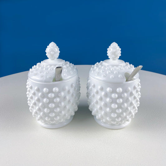 Vintage Fenton Milk Glass Serving Jars with Silver Spoons. Set of 2 White Jam, Condiments Hobnail Serving Bowls. Dining Room Decor. - Tampa Home & Garden Store