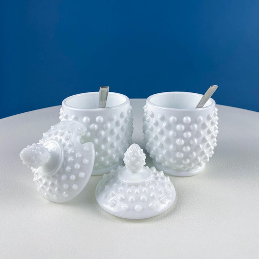 Vintage Fenton Milk Glass Serving Jars with Silver Spoons. Set of 2 White Jam, Condiments Hobnail Serving Bowls. Dining Room Decor. - Tampa Home & Garden Store