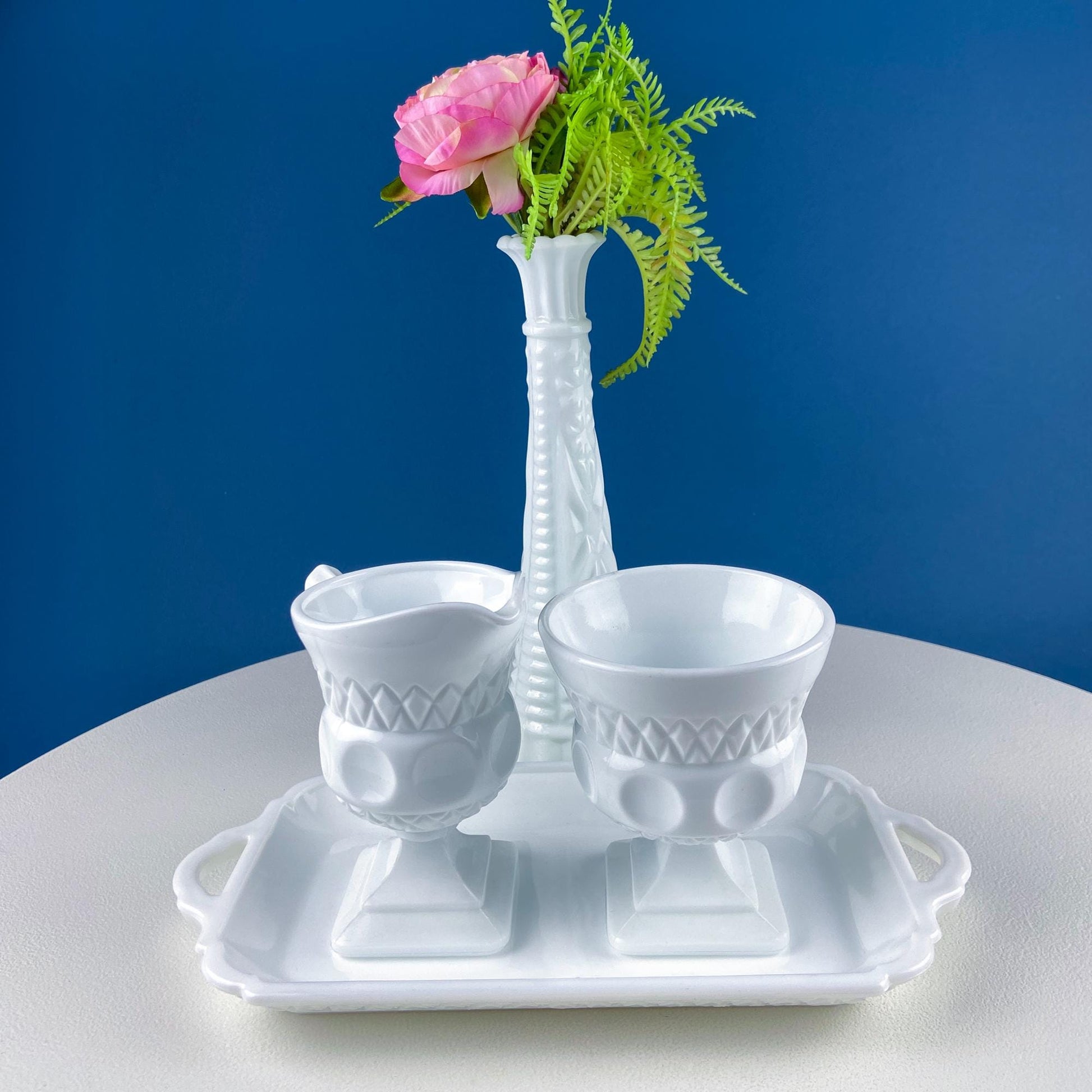 Vintage Fenton Milk Glass Sugar Bowl & Creamer on Matching Tray. White Thumb Print Serving Dishes. Collectible Glass. Dining Room Servware. - Tampa Home & Garden Store