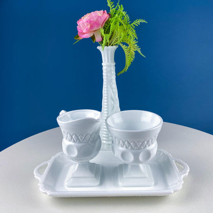Vintage Fenton Milk Glass Sugar Bowl & Creamer on Matching Tray. White Thumb Print Serving Dishes. Collectible Glass. Dining Room Servware. - Tampa Home & Garden Store