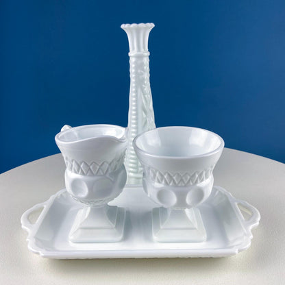 Vintage Fenton Milk Glass Sugar Bowl & Creamer on Matching Tray. White Thumb Print Serving Dishes. Collectible Glass. Dining Room Servware. - Tampa Home & Garden Store