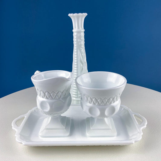 Vintage Fenton Milk Glass Sugar Bowl & Creamer on Matching Tray. White Thumb Print Serving Dishes. Collectible Glass. Dining Room Servware. - Tampa Home & Garden Store