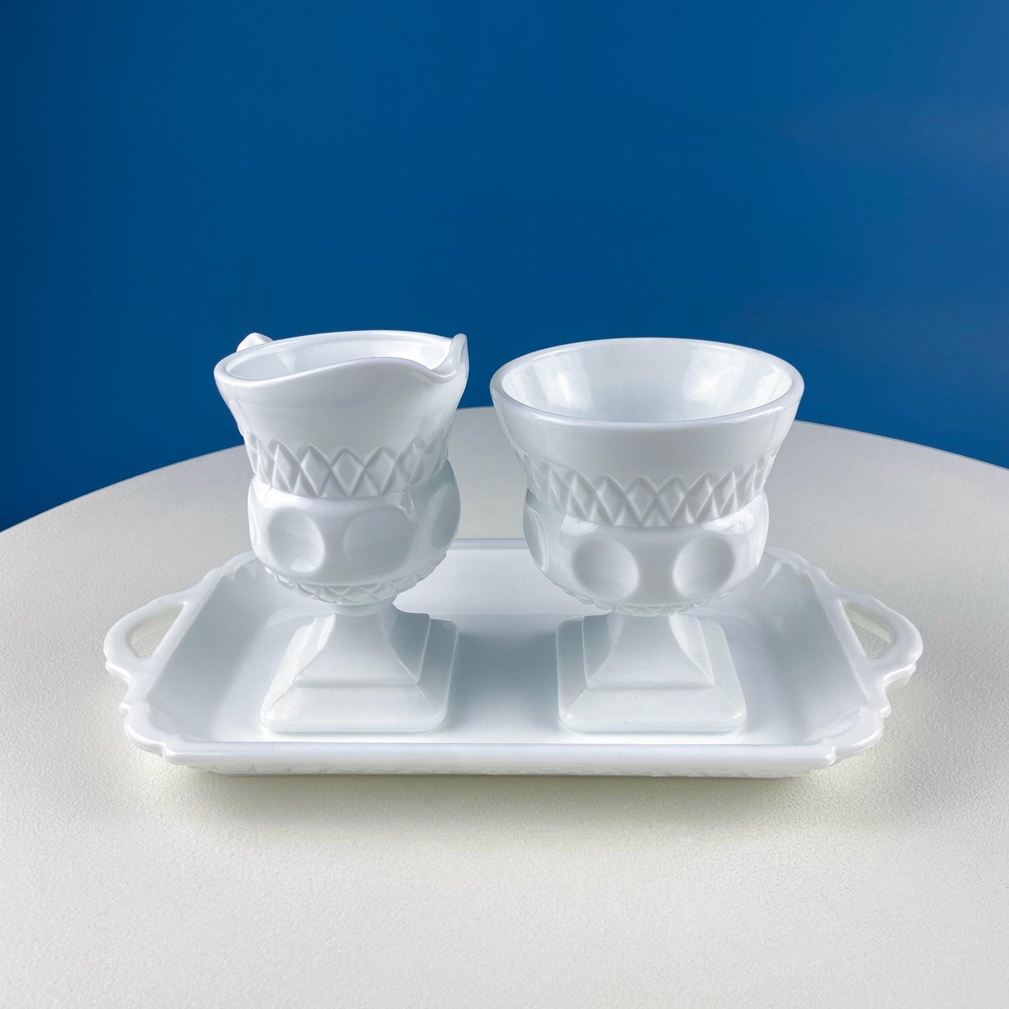 Vintage Fenton Milk Glass Sugar Bowl & Creamer on Matching Tray. White Thumb Print Serving Dishes. Collectible Glass. Dining Room Servware. - Tampa Home & Garden Store