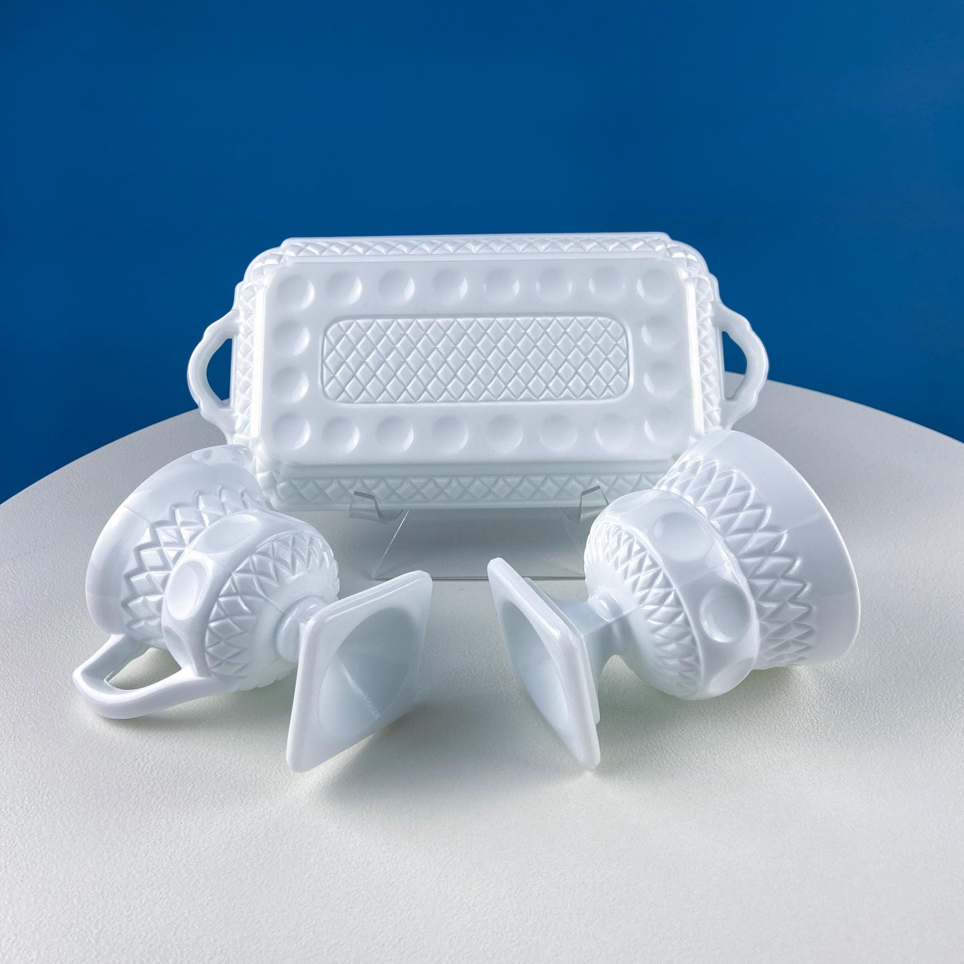 Vintage Fenton Milk Glass Sugar Bowl & Creamer on Matching Tray. White Thumb Print Serving Dishes. Collectible Glass. Dining Room Servware. - Tampa Home & Garden Store