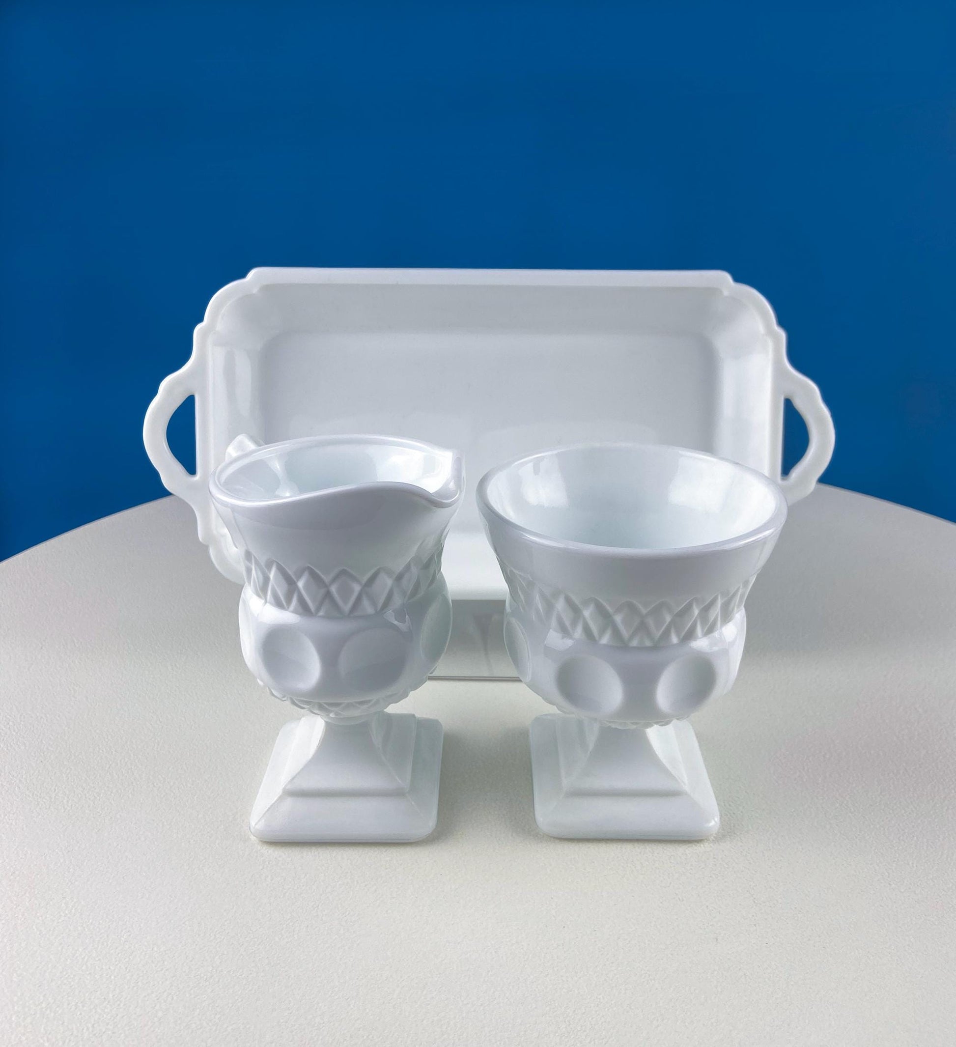 Vintage Fenton Milk Glass Sugar Bowl & Creamer on Matching Tray. White Thumb Print Serving Dishes. Collectible Glass. Dining Room Servware. - Tampa Home & Garden Store