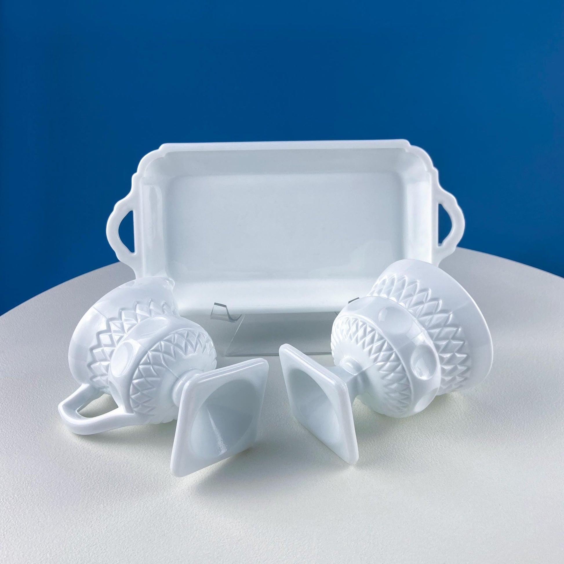 Vintage Fenton Milk Glass Sugar Bowl & Creamer on Matching Tray. White Thumb Print Serving Dishes. Collectible Glass. Dining Room Servware. - Tampa Home & Garden Store