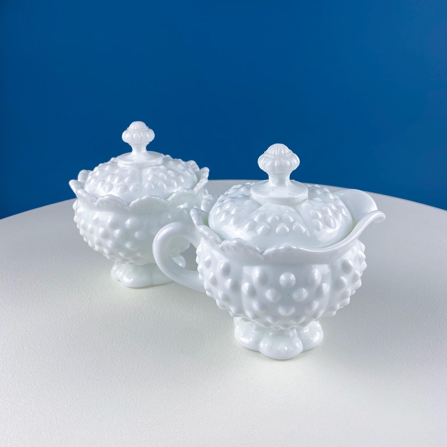 Vintage Fenton Milk Glass Sugar Bowl & Creamer on Matching Tray. White Thumb Print Serving Dishes. Collectible Glass. Dining Room Servware. - Tampa Home & Garden Store