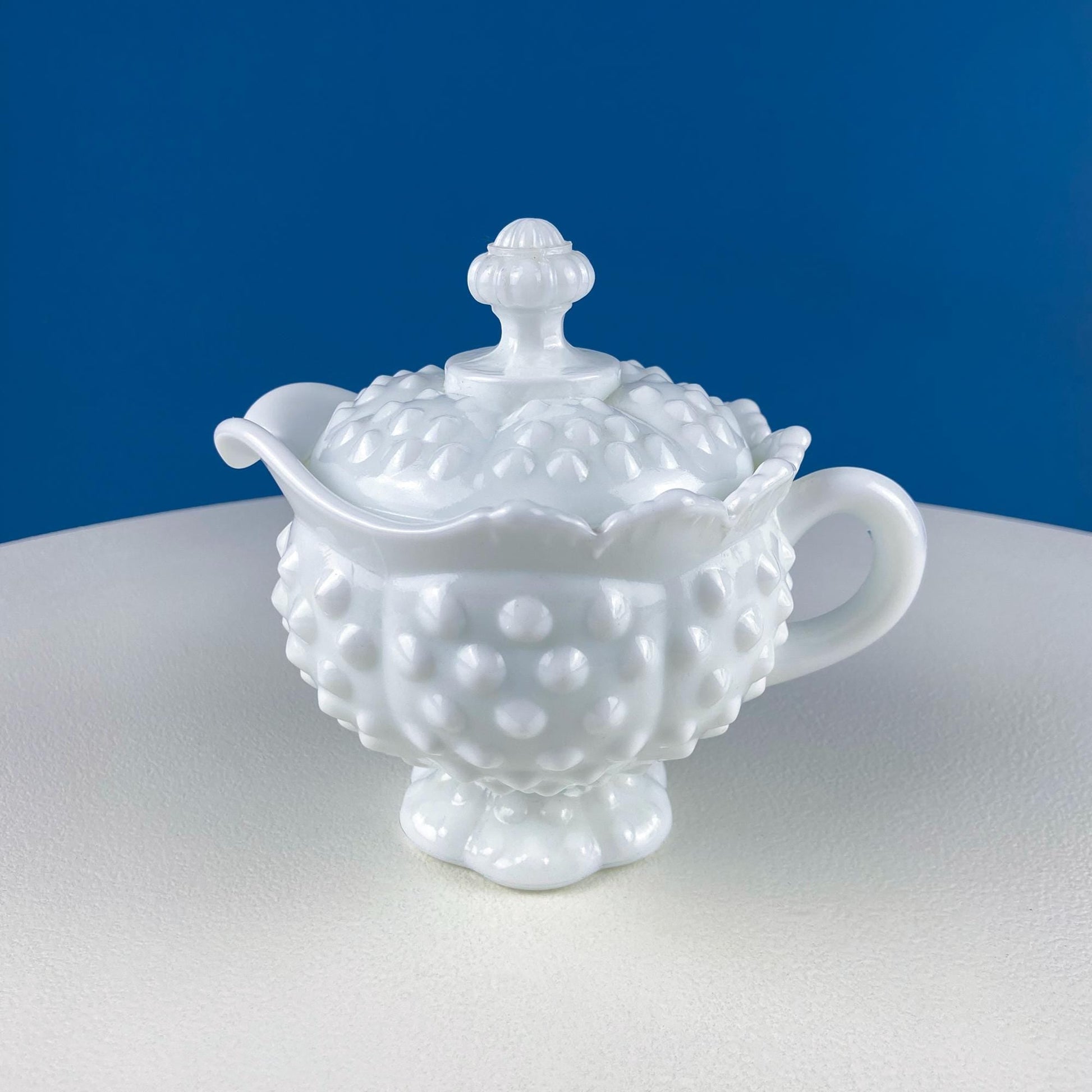 Vintage Fenton Milk Glass Sugar Bowl & Creamer on Matching Tray. White Thumb Print Serving Dishes. Collectible Glass. Dining Room Servware. - Tampa Home & Garden Store