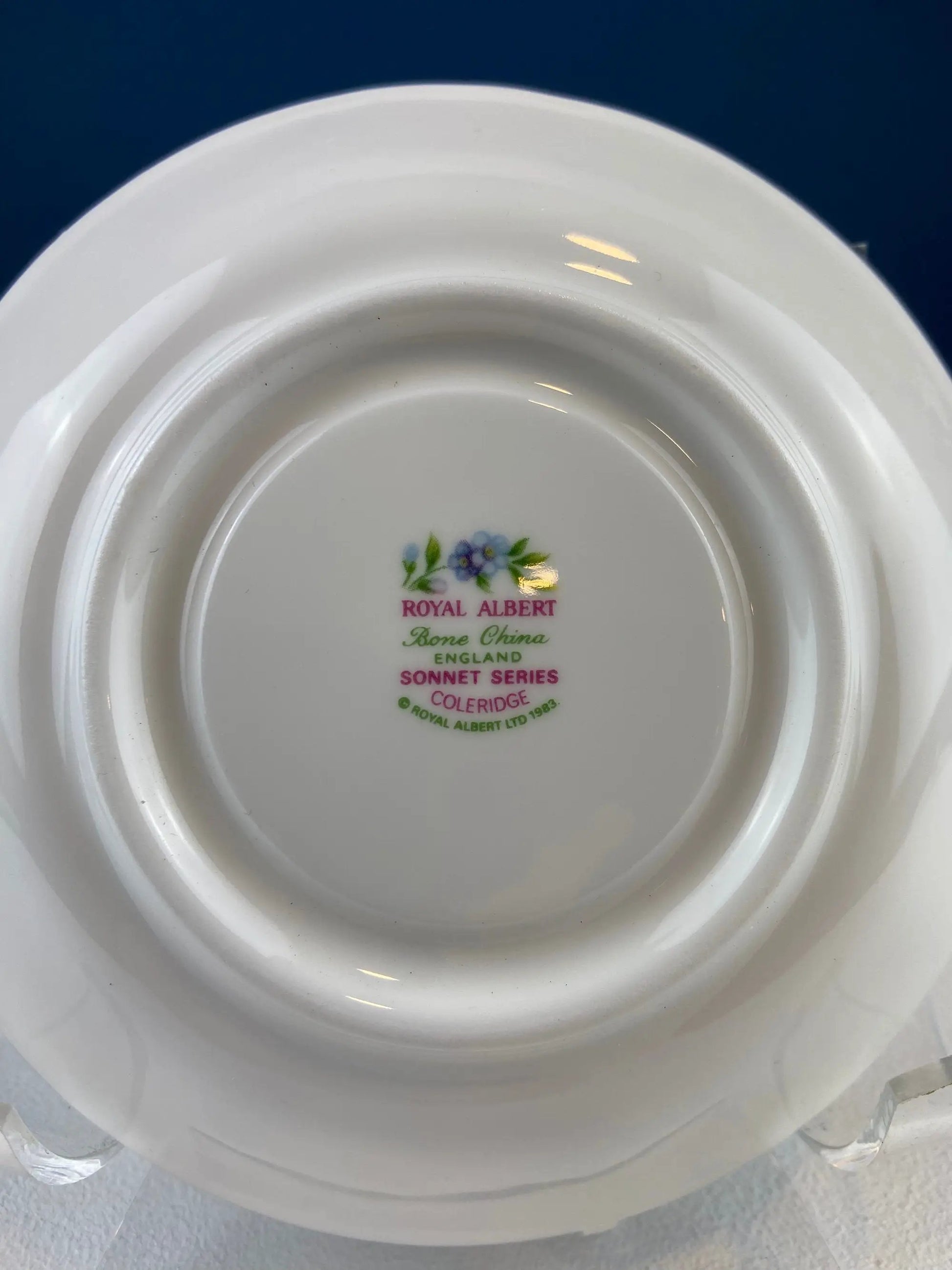 Teacup and saucer, bone china with forget-me-not floral, Royal Albert Coleridge Sonnet on Tampa Home & Garden Store