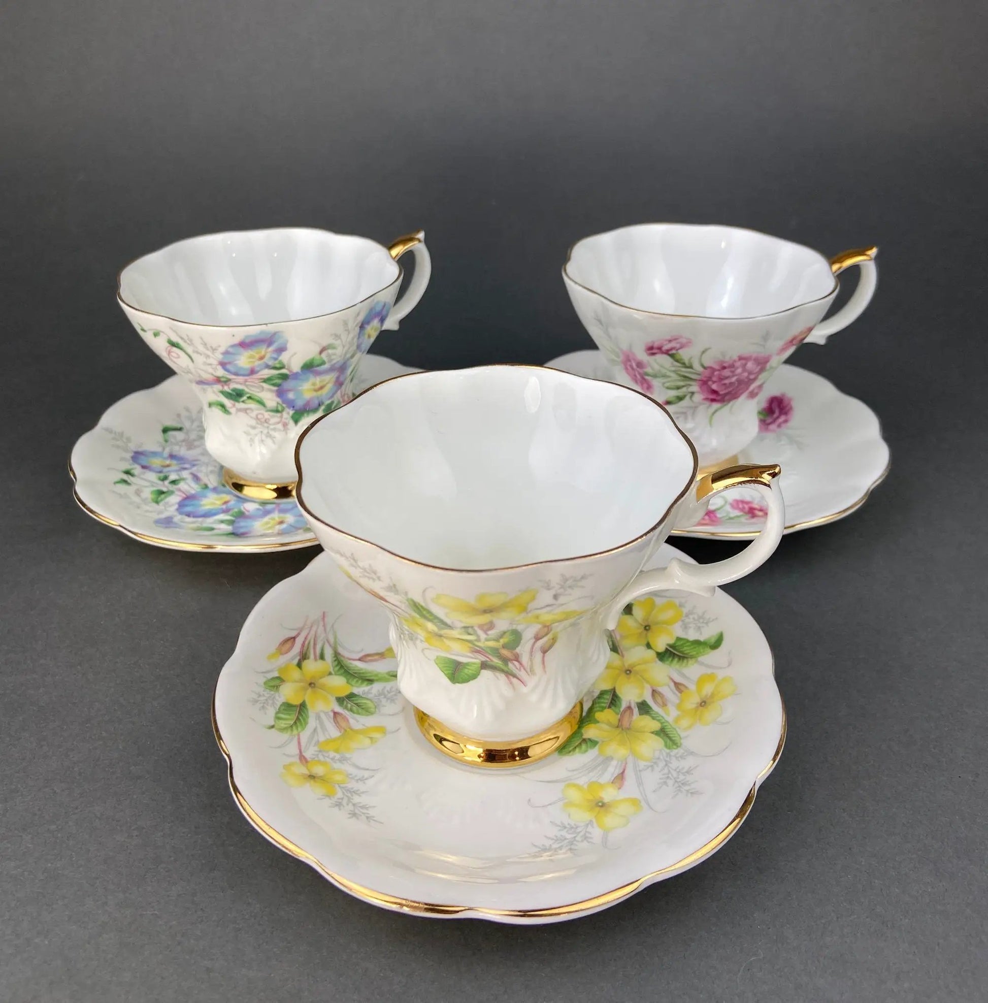 Teacup and saucer set vintage forget-me-not floral porcelain with gold trim, set of four on Tampa Home & Garden Store