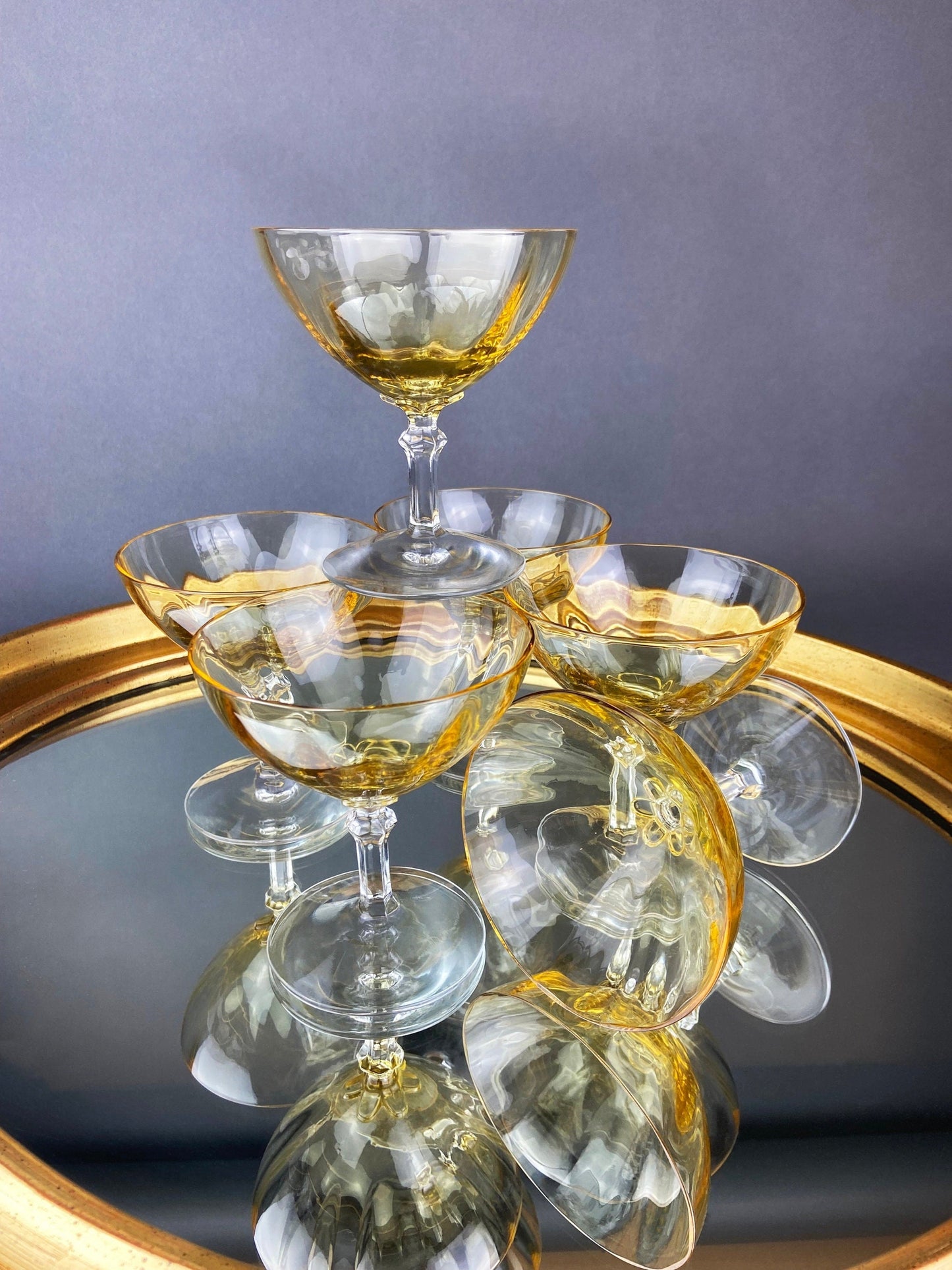 Vintage Fostoria Crystal Topaz Champagne Glasses. Light Yellow Depression Glass Low Sherbet Stemware. Gold Footed Glasses.  Set of Six. - Tampa Home & Garden Store