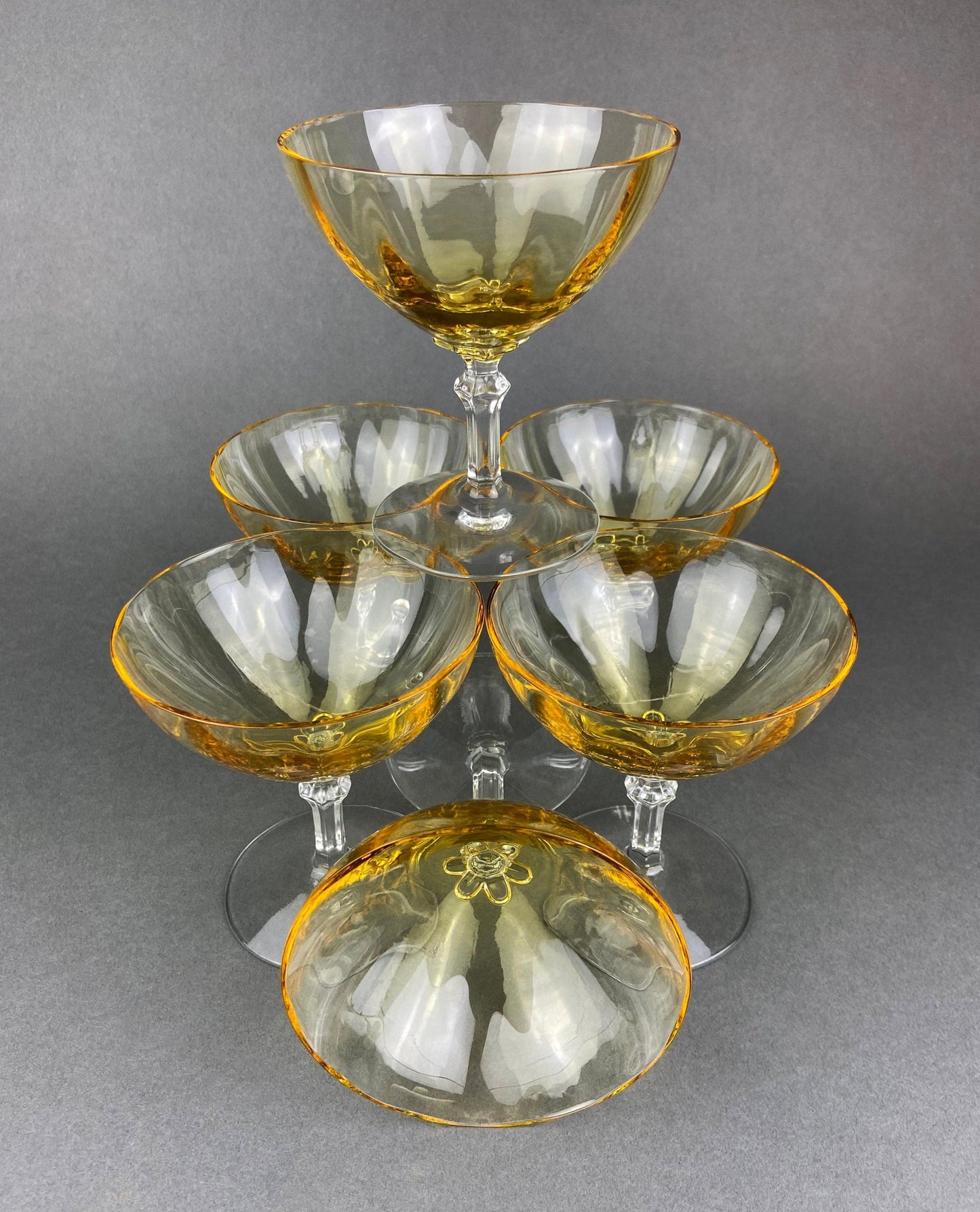 Vintage Fostoria Crystal Topaz Champagne Glasses. Light Yellow Depression Glass Low Sherbet Stemware. Gold Footed Glasses.  Set of Six. - Tampa Home & Garden Store