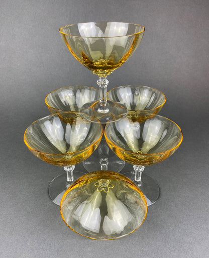 Vintage Fostoria Crystal Topaz Champagne Glasses. Light Yellow Depression Glass Low Sherbet Stemware. Gold Footed Glasses.  Set of Six. - Tampa Home & Garden Store