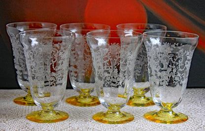 Vintage Fostoria Crystal Topaz Champagne Glasses. Light Yellow Depression Glass Low Sherbet Stemware. Gold Footed Glasses.  Set of Six. - Tampa Home & Garden Store