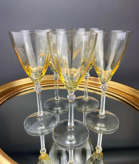 Vintage Fostoria Crystal Topaz Wine Glasses. Light Yellow Stem 5098 Glasses. Set of Five. Fine Table Glassware. Gold Table Decor. - Tampa Home & Garden Store